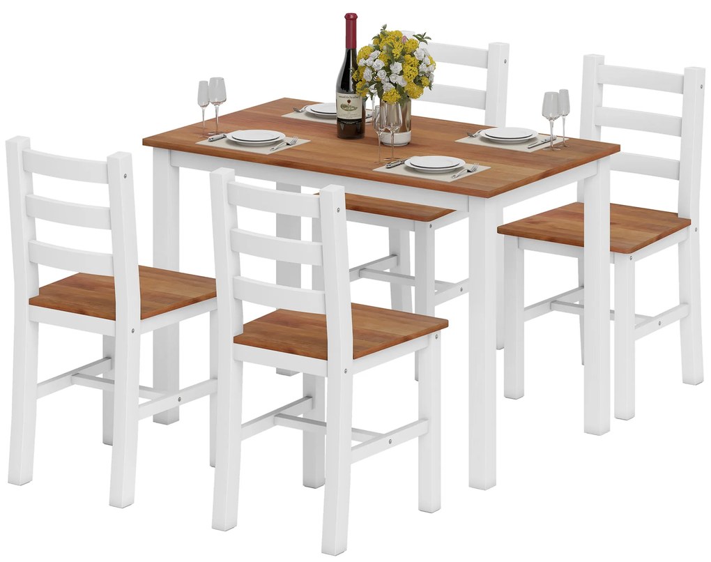 HOMCOM Set de masă, masă de cină, 4 scaune, set de dining, pin, maro + alb | Aosom Romania