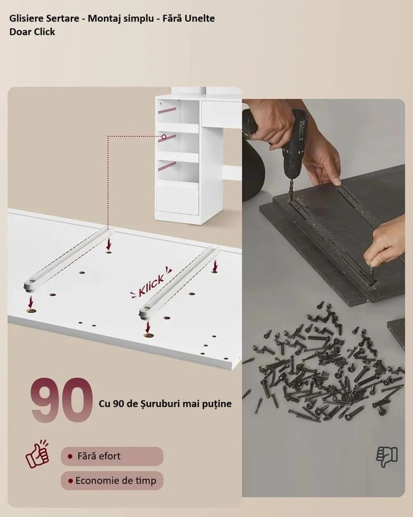 Masuta machiaj cu Oglinda LED si 9 Sertare pentru Cosmetice, Set Masa toaleta 107 cm, Alb, masuta cosmetica, vanity - SEA15