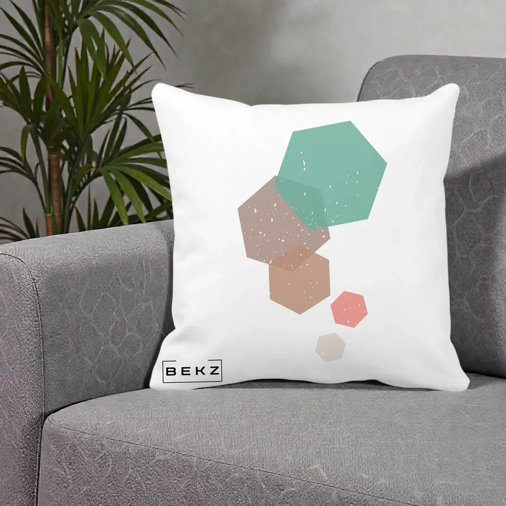 Perna Decorativa Geometric Hexagoane Pastel, 40x40 cm, Alba Mata, Husa Detasabila, Perna Inclusa, BEKZ®