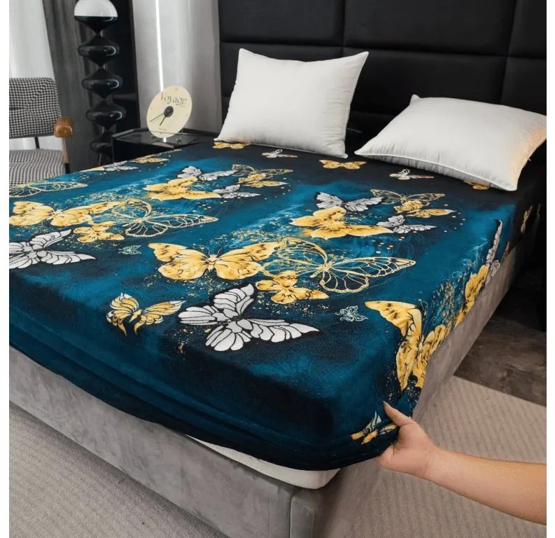 Cearsaf Cocolino microplus cu elastic FLUTURE AURIU SI ALB 180x200 cm verde inchis