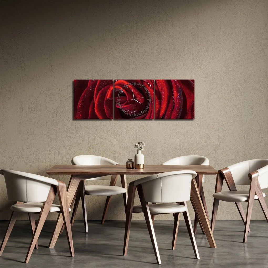 Tablou - Trandafir roșu cu picături de rouă (cu ceas) (90x30 cm)