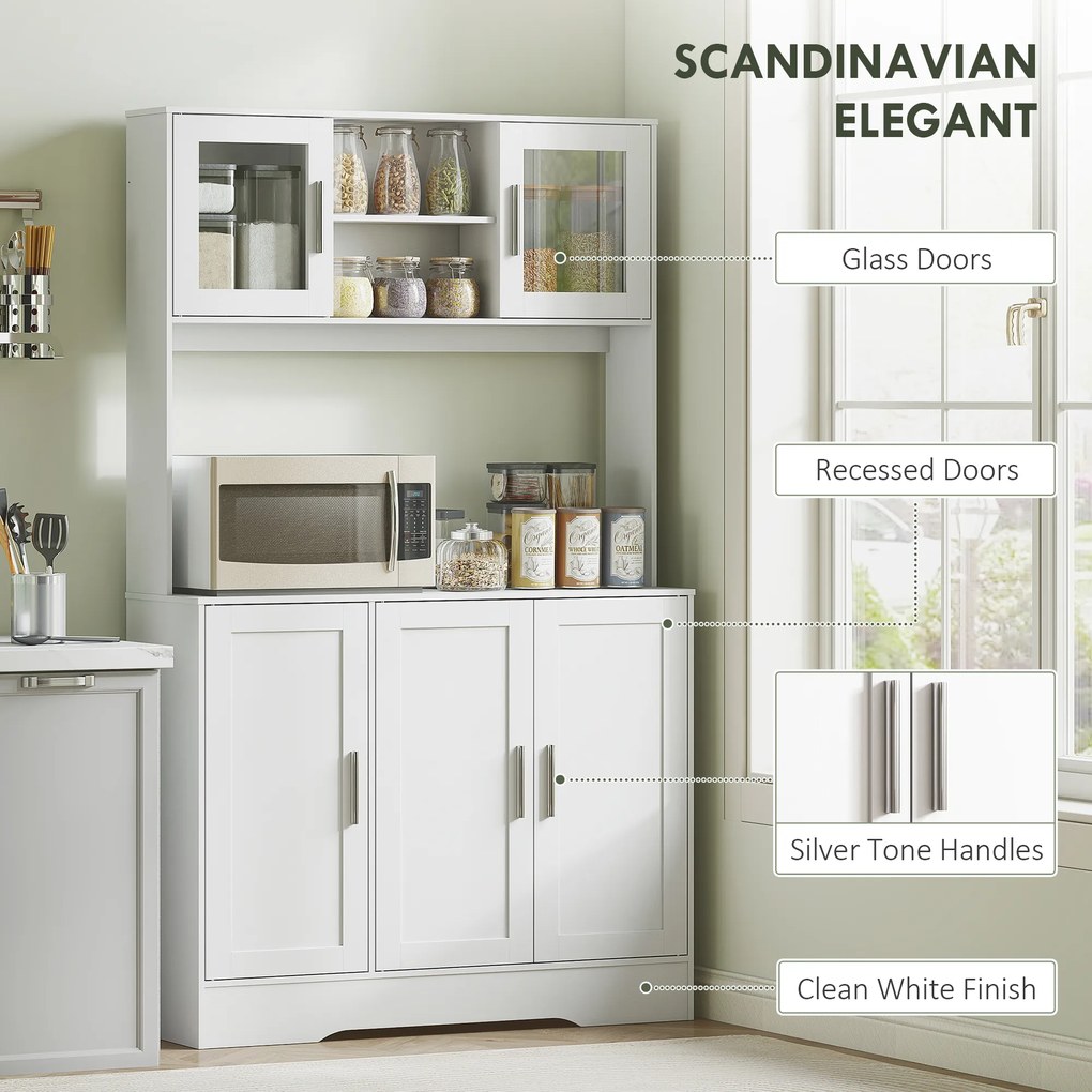 HOMCOM Dulap Bucătărie de 180cm, Dulap Înalt cu 4 Compartimente, Uși din Sticlă Securizată, 2 Rafturi Deschise, Rafturi Reglabile, Blat pentru Electrocasnice, pentru Bucătărie sau Living, Alb | Aosom Romania