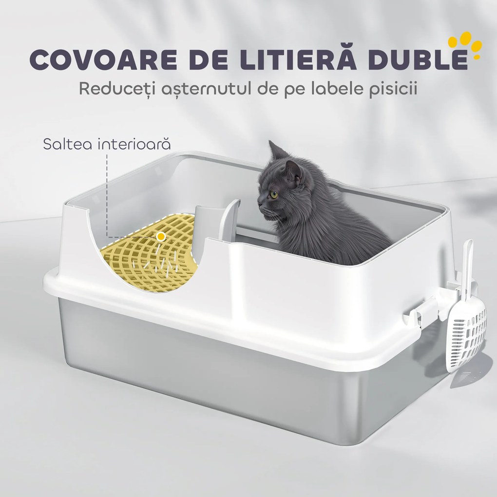 PawHut Litteră Închisă pentru Pisici cu 2 Covorașe și Mâner, Alb și Argintiu | Aosom Romania