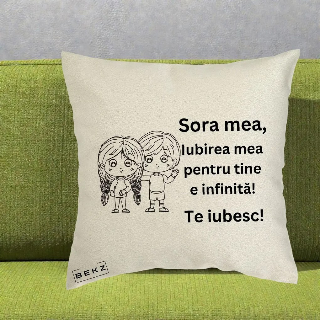 Cadou pentru Sora - Perna Personalizata Sora Mea Te Iubesc Copii Anime Line Art, 40x40 cm, Ecru, Husa Detasabila, Perna Inclusa, BEKZ®