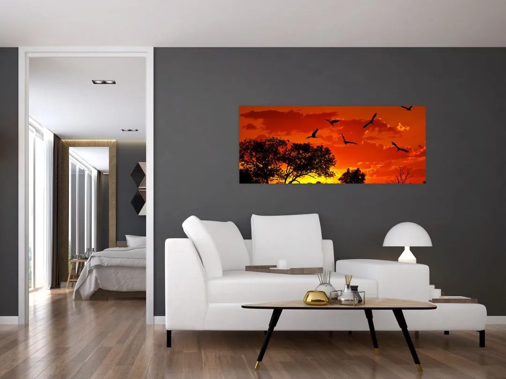 Tablou cu păsări în apus de soare (120x50 cm)