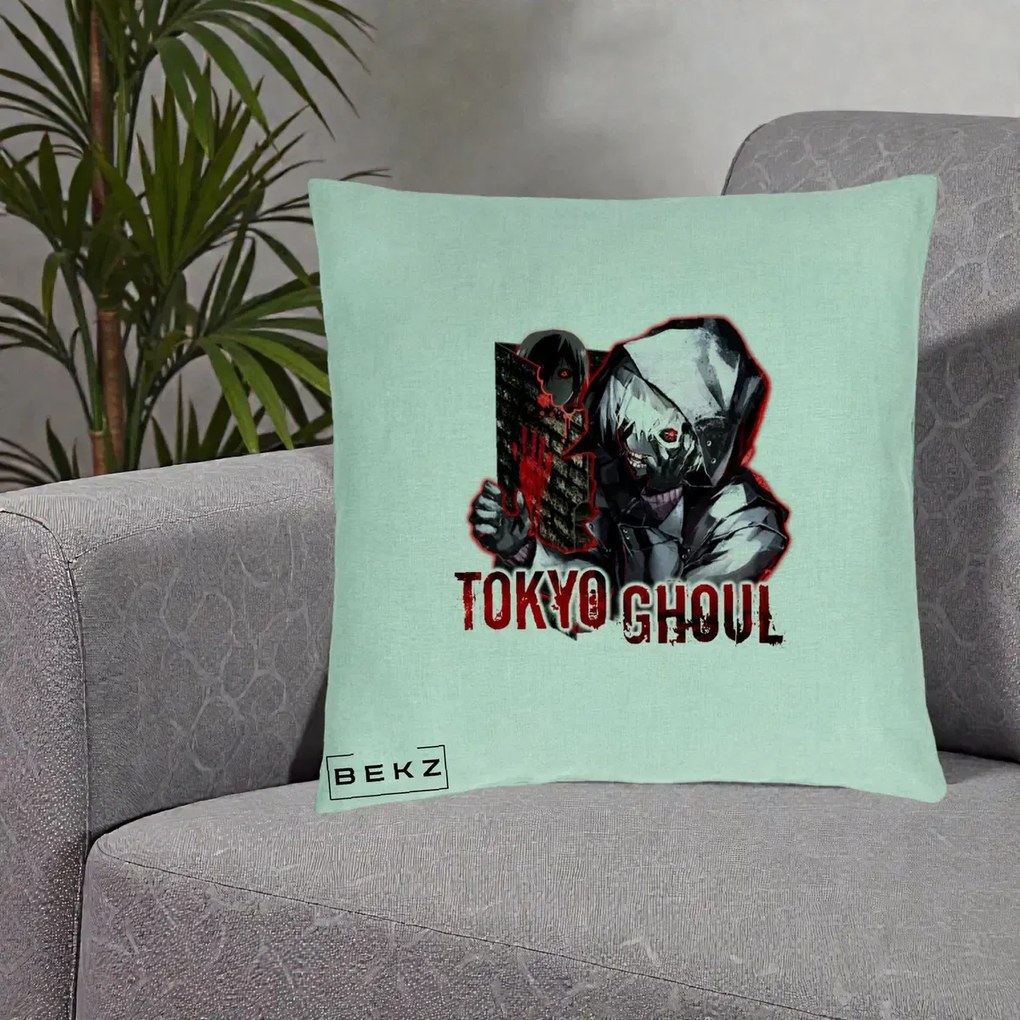 Perna Personalizata Tokyo Ghoul Ken Kaneki Anime, 40x40 cm, Verde Menta, Husa Detasabila, Perna Inclusa, BEKZ®