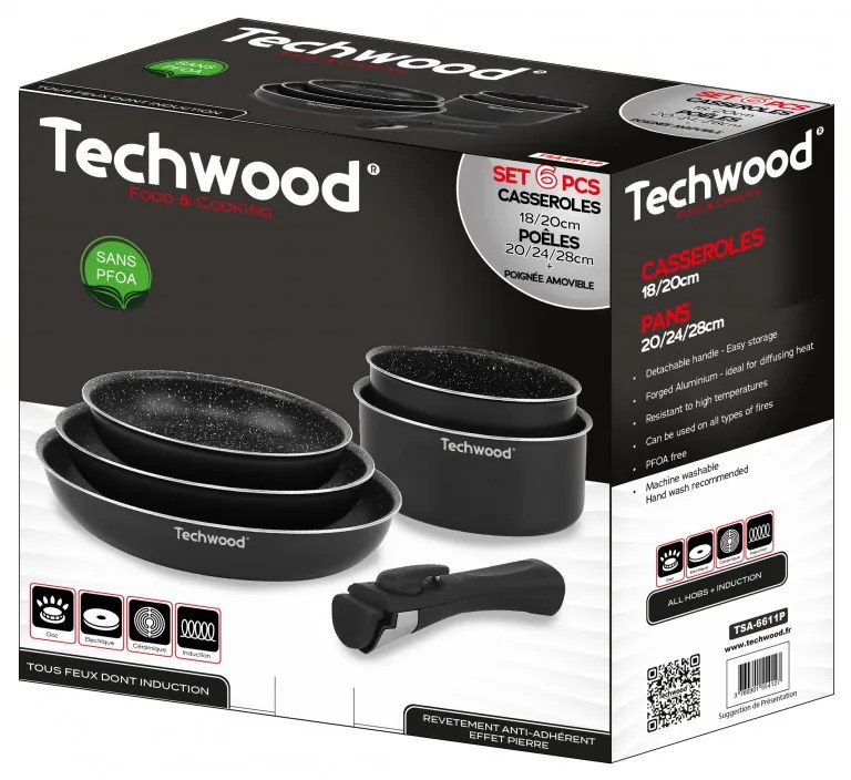 Set de oale și tigai Techwood TSA-6611P, 6 h, Maner detasabil, Acoperire antiaderenta, Fara PFOA, Inductie, Negru