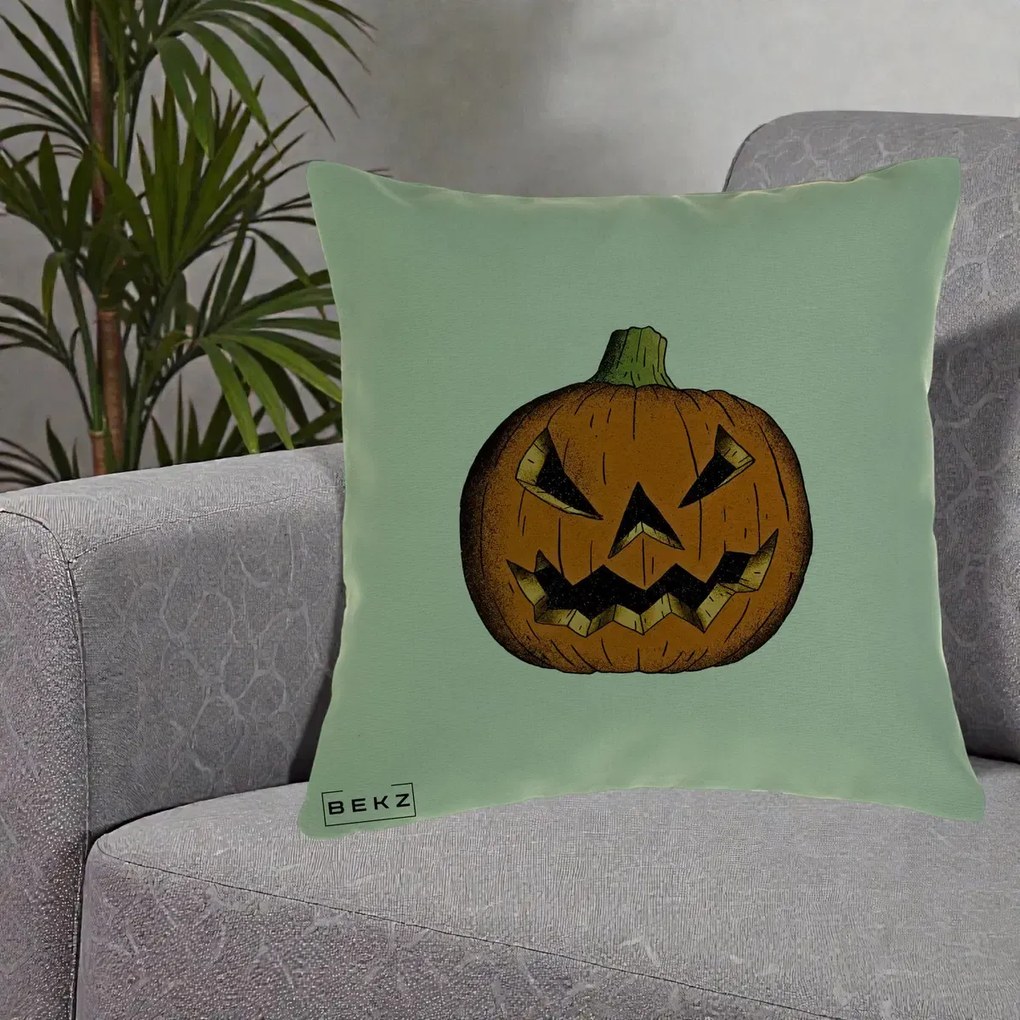 Perna Decorativa Halloween Dovleac Portocaliu Clasic, 40x40 cm, Verde, Husa Detasabila, Perna Inclusa, BEKZ®