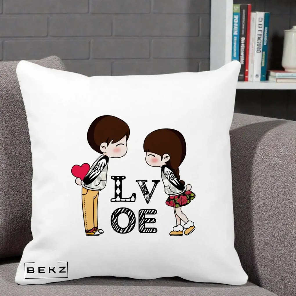 Cadou Romantic - Perna Personalizata Cuplu Kawaii LOVE, 40x40 cm, Alba Mata, Husa Detasabila, Perna Inclusa, BEKZ®