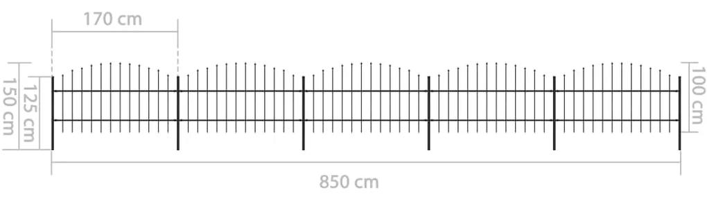 Gard de gradina cu varf sulita, negru, (0,75-1) x 8,5 m, otel 1, 75-100 cm, 8.5 m