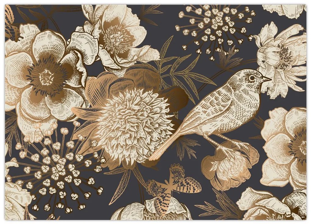 Tablou pe sticlă - Flori aurii pe fundal întunecat (70x50 cm)