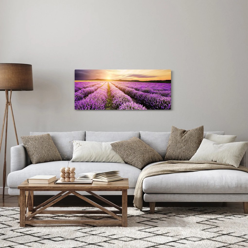 Tablou - Răsărit de soare în câmp de lavandă (120x50 cm)
