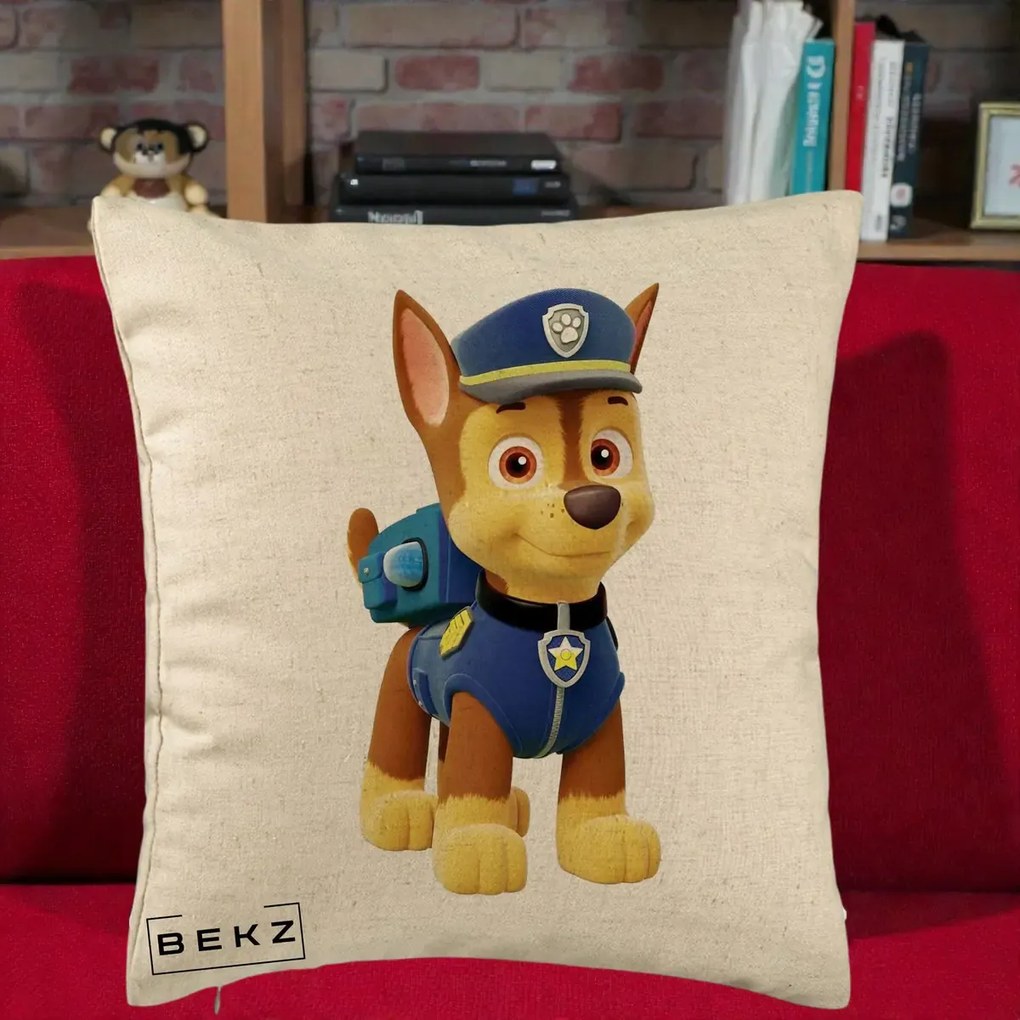 Perna Personalizata Chase PAW Patrol Albastru, 40x40 cm, Bej, Husa Detasabila, Perna Inclusa, BEKZ®