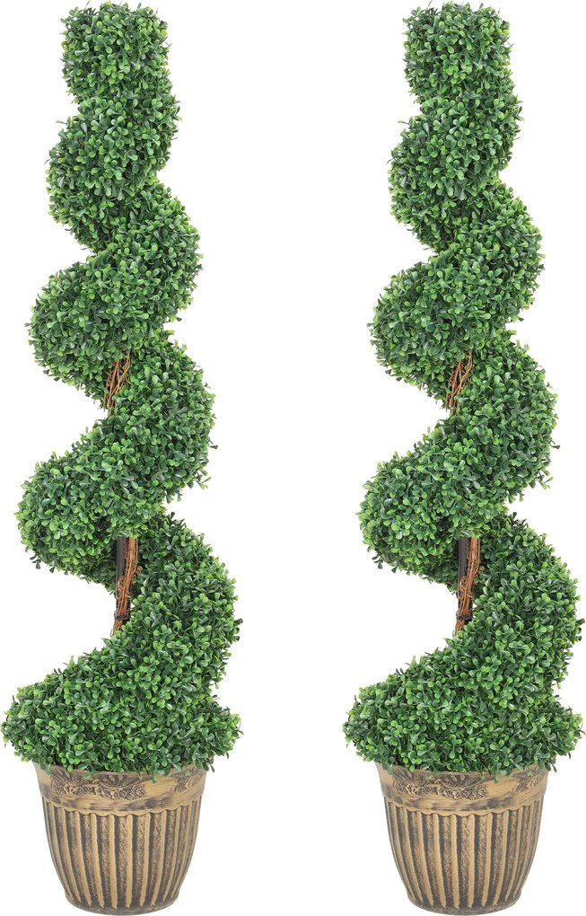 HOMCOM Set 2 plante artificiale buxus spiralate, 120 cm, cu ghiveci inclus, pentru decor interior și exterior, verde | Aosom Romania