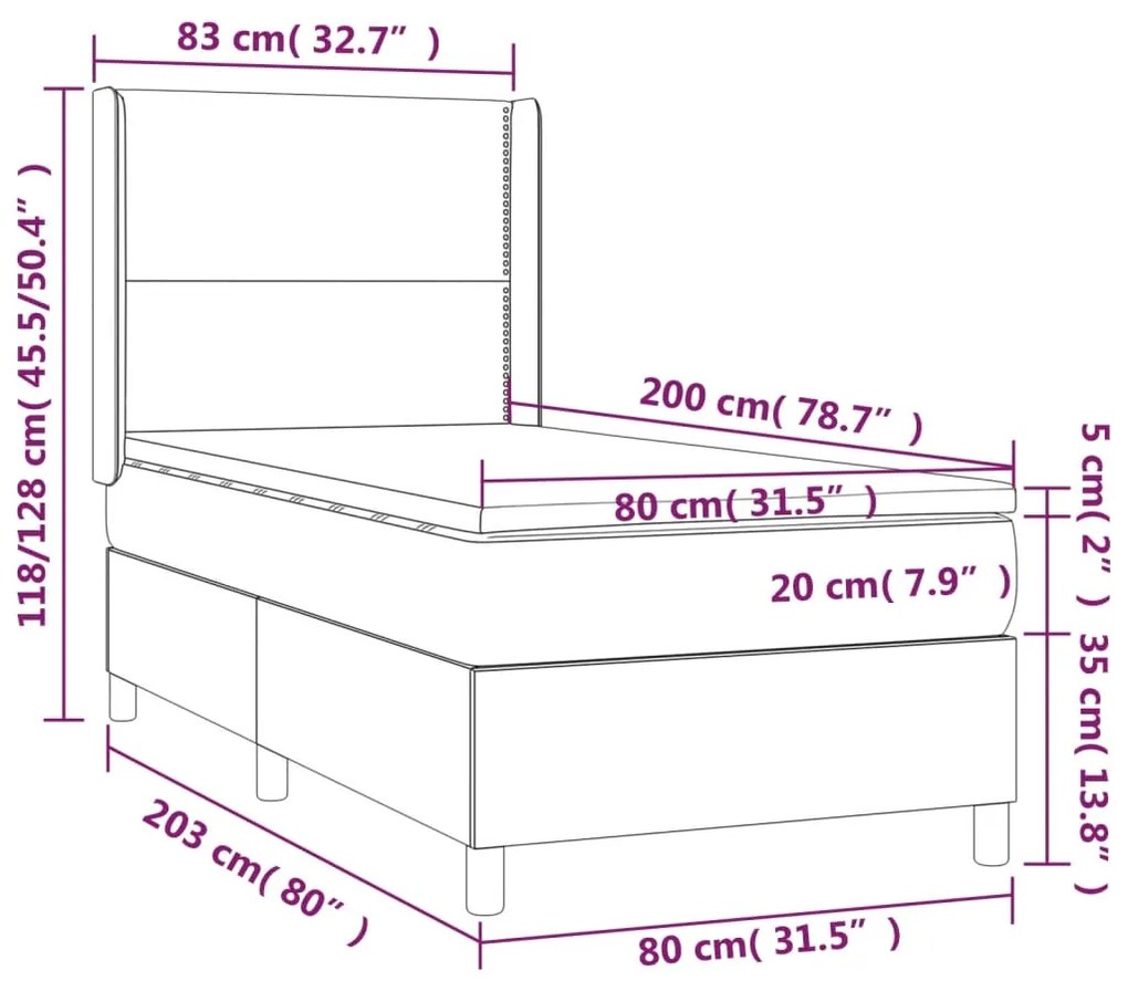 Pat continental cu saltea si LED, gri inchis, 80x200 cm catifea Morke gra, 80 x 200 cm, Culoare unica si cuie de tapiterie