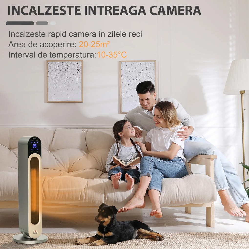 Incalzitor electric oscilant cu 3 moduri de incalzire cu temperatura reglabila si telecomanda, din ABS, Φ25x73,5 cm, argintiu HOMCOM | Aosom RO