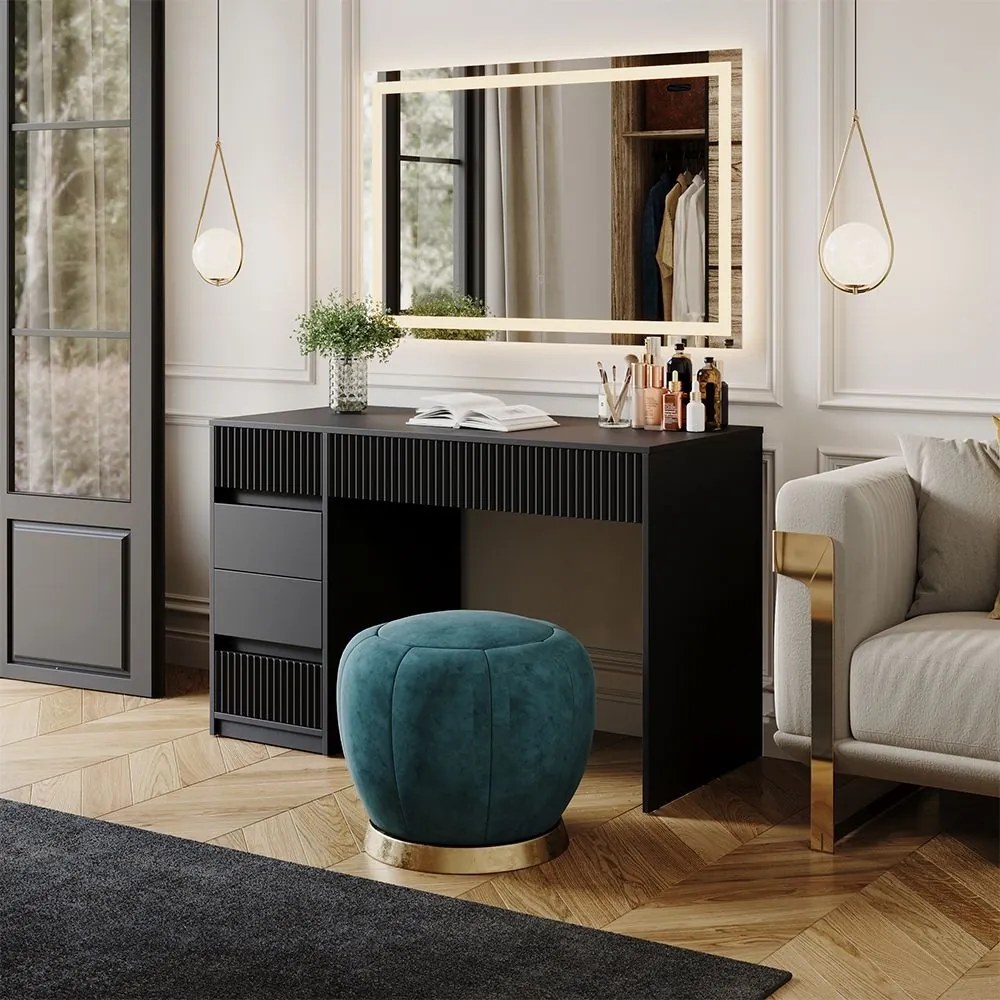 Masuta machiaj cu Oglinda LED si 5 Sertare pentru Cosmetice, Set Masa toaleta 120 cm, Negru, masuta cosmetica, vanity - SEN256