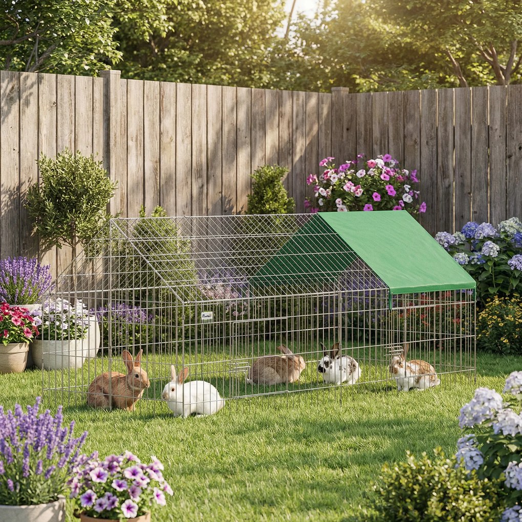 PawHut Cușcă pentru Iepuri și Găini de Exterior și Interior cu Protecție Solară și Grilaj Metalic, pentru Animale Mici, Rațe, Găini, 180x75x75 cm, Verde | Aosom Romania