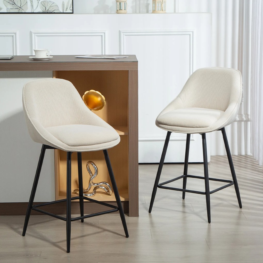 HOMCOM Set de 2 scaune de bar cu acoperire cord și picioare din oțel, scaune tapițate pentru insula bucătăriei, sufragerie, cremă | Aosom Romania