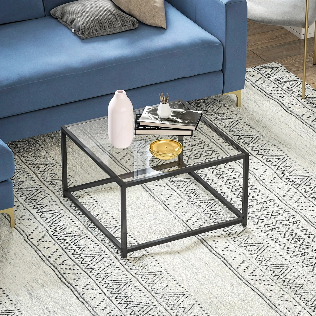 HOMCOM Măsuță pătrată noptieră cu blat din sticlă securizată, masă de cafea cu picioare din oțel 68 x 68 x 39 cm Negru | Aosom Romania