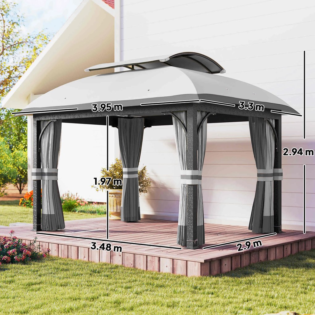 Outsunny Pavilion de Grădină cu Perdele, Plasă, Acoperiș Ventilat și Cadru Metalic Galvanizat, 395x330x294 cm, Gri | Aosom Romania