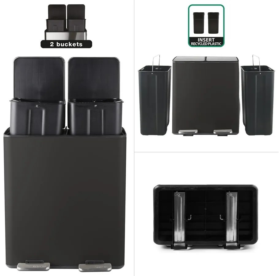 Coș de gunoi negru mat pentru reciclare/cu pedală 2x20 l din oțel Aliya – Spirella