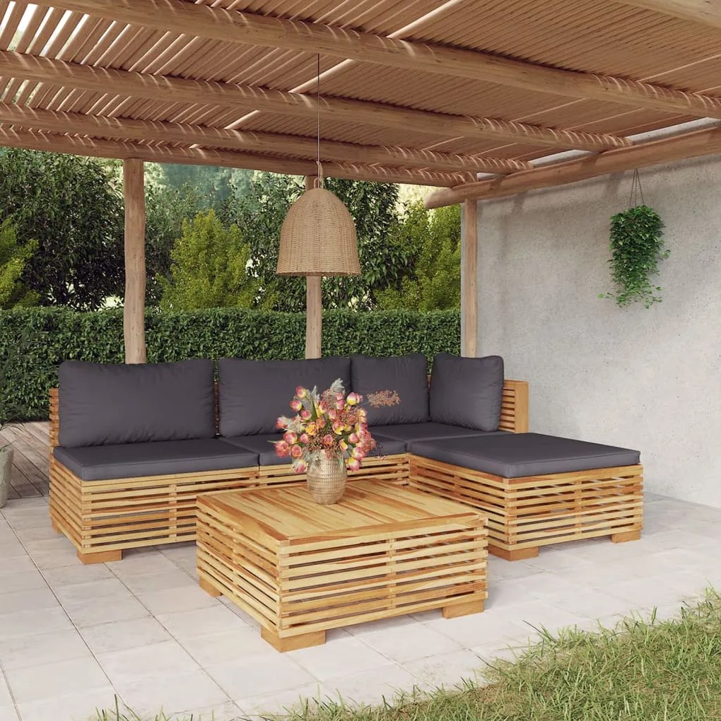 vidaXL Set mobilier grădină cu perne, 5 piese, lemn masiv de tec