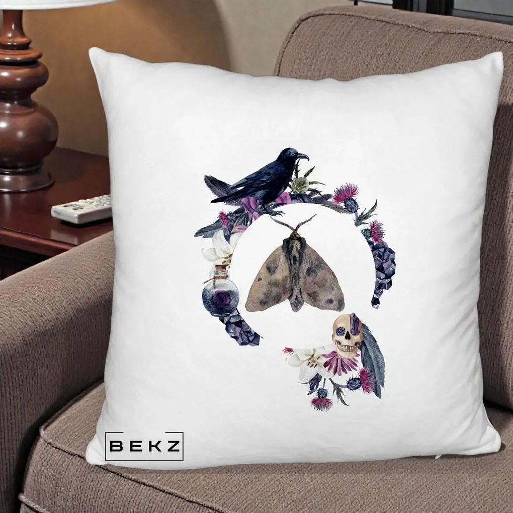 Perna Decorativa Gothic Wreath Corb Moliu Craniu, 40x40 cm, Alb Pufos, Husa Detasabila, Perna Inclusa, BEKZ®