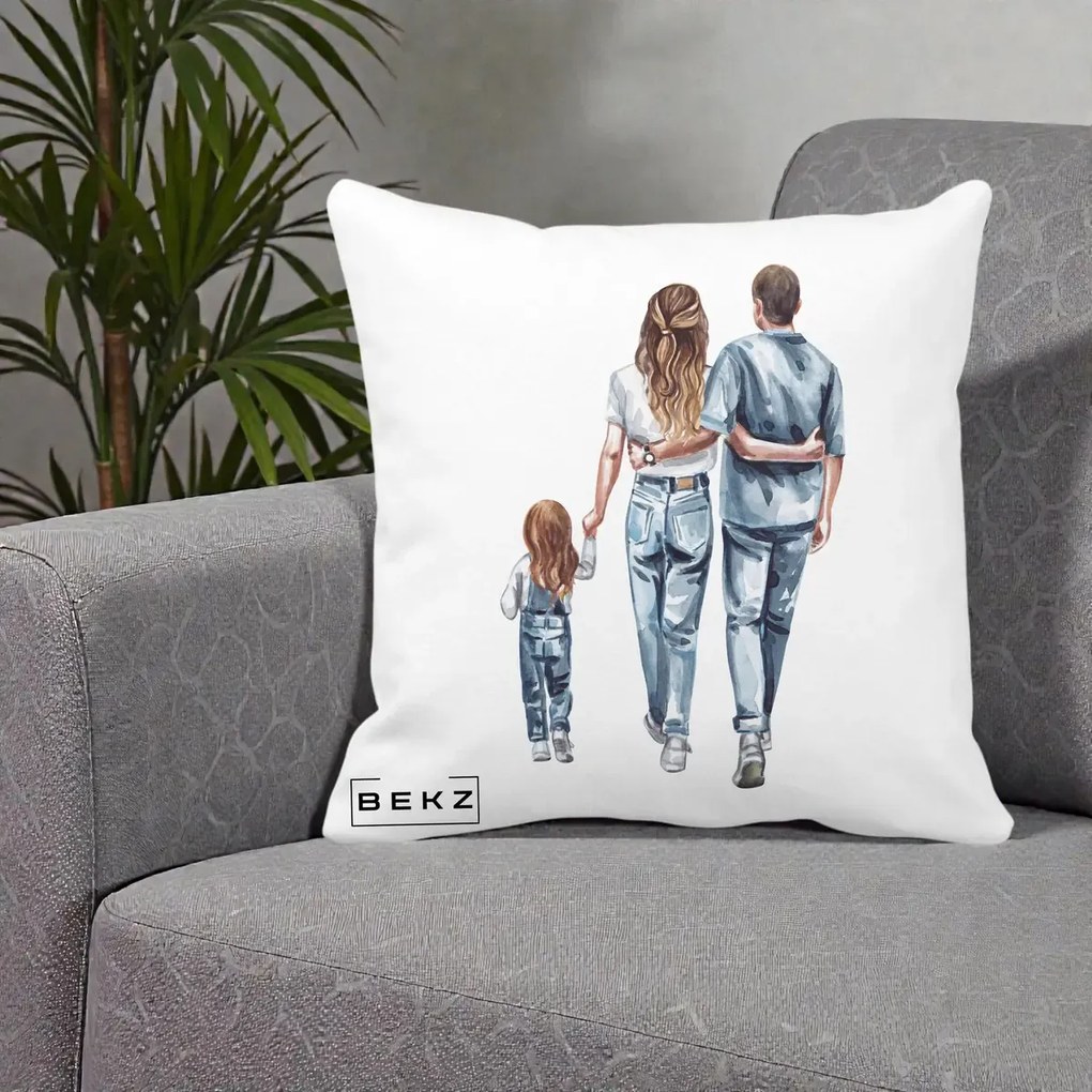 Cadou pentru Familie - Perna Personalizata Familie Acuarela Jeans, 40x40 cm, Alba Mata, Husa Detasabila, Perna Inclusa, BEKZ®