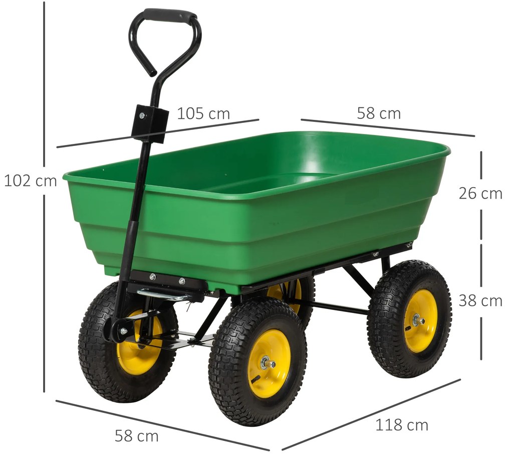 Cărucior de grădină Outsunny 125L din oțel și PP cu cadă rabatabilă și mâner de transport, 118x58x102 cm, de culoare verde închis | Aosom Romania