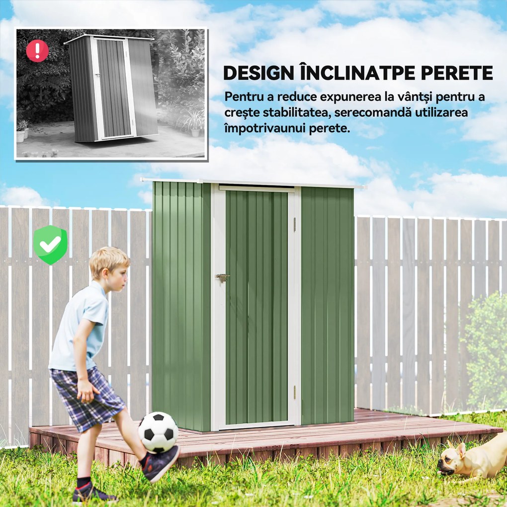 Outsunny Magazie de Gradina sopron Pentru Unelte din Otel, casuta de Gradina Usi Glisante, 142x84x189cm, Verde | AOSOM RO