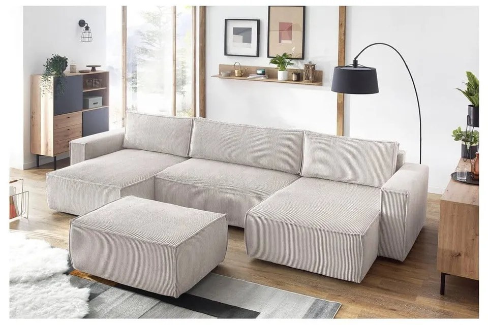 Taburet bej cu tapițerie din catifea reiată Nihad – Bobochic Paris