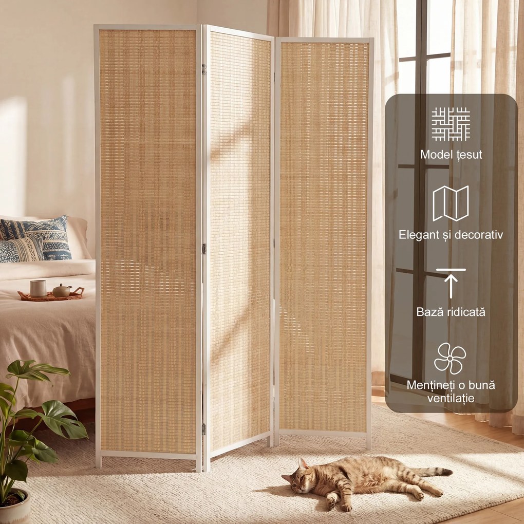 HOMCOM Paravan de Interior cu 3 Panouri, Pliabil, din Lemn și Bambus, 180 cm, Stil Boho, Natur/Alb | Aosom Romania