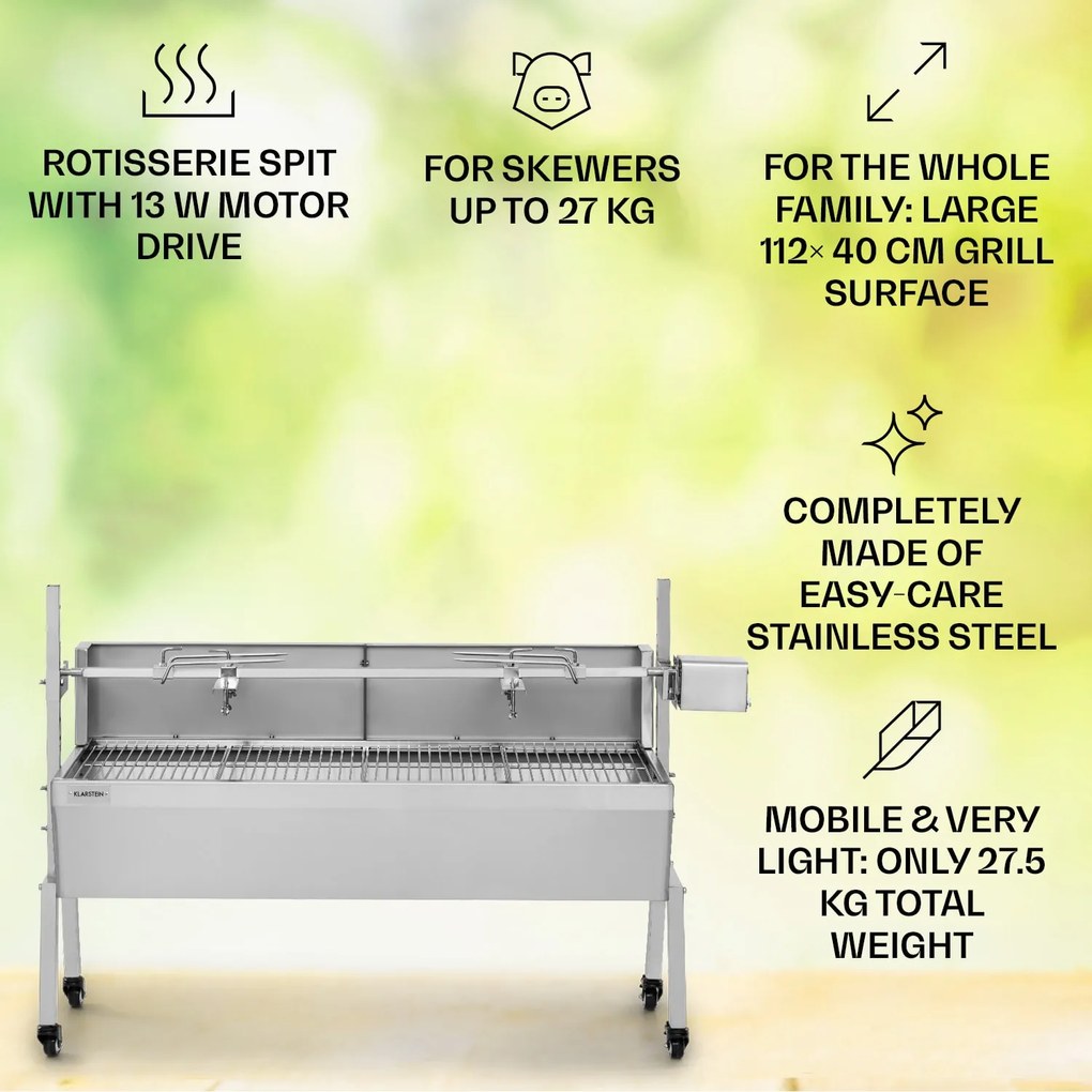 Sauenland Pro, grătar pentru prepararea porcușorilor, 13 W, 4 roți, oțel inoxidabil