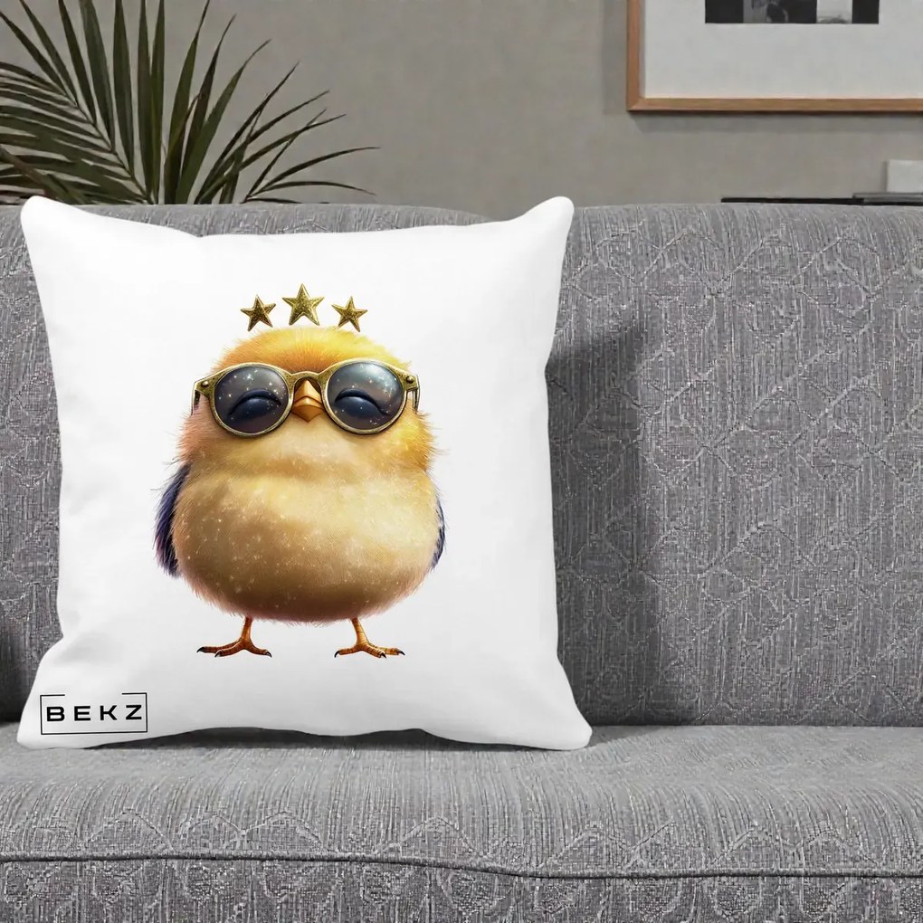 Perna Decorativa Pui Gold Star cu Ochelari Aurii, 40x40 cm, Alba Mata, Husa Detasabila, Perna Inclusa, BEKZ®