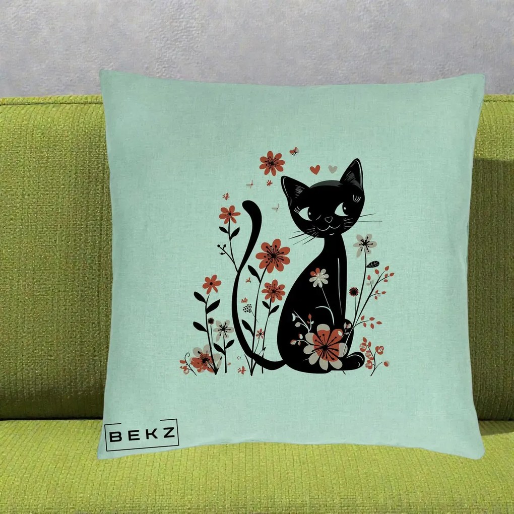 Perna Decorativa Pisica Neagra Flori Roz si Inimi, 40x40 cm, Verde Menta, Husa Detasabila, Perna Inclusa, BEKZ®