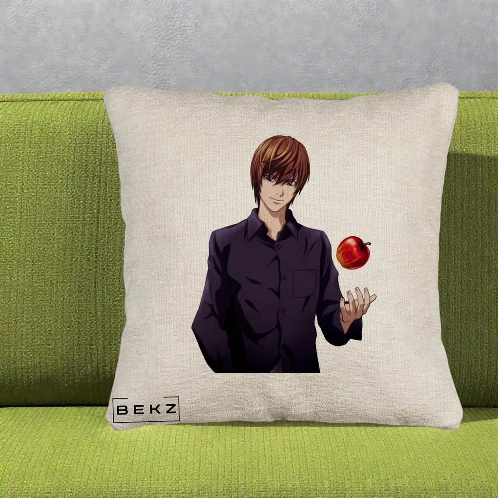 Perna Personalizata Death Note Light Yagami cu Mar, 40x40 cm, Bej Canapea, Husa Detasabila, Perna Inclusa, BEKZ®