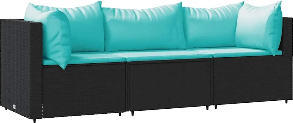 vidaXL Set mobilier de grădină cu perne, 3 piese, negru, poliratan