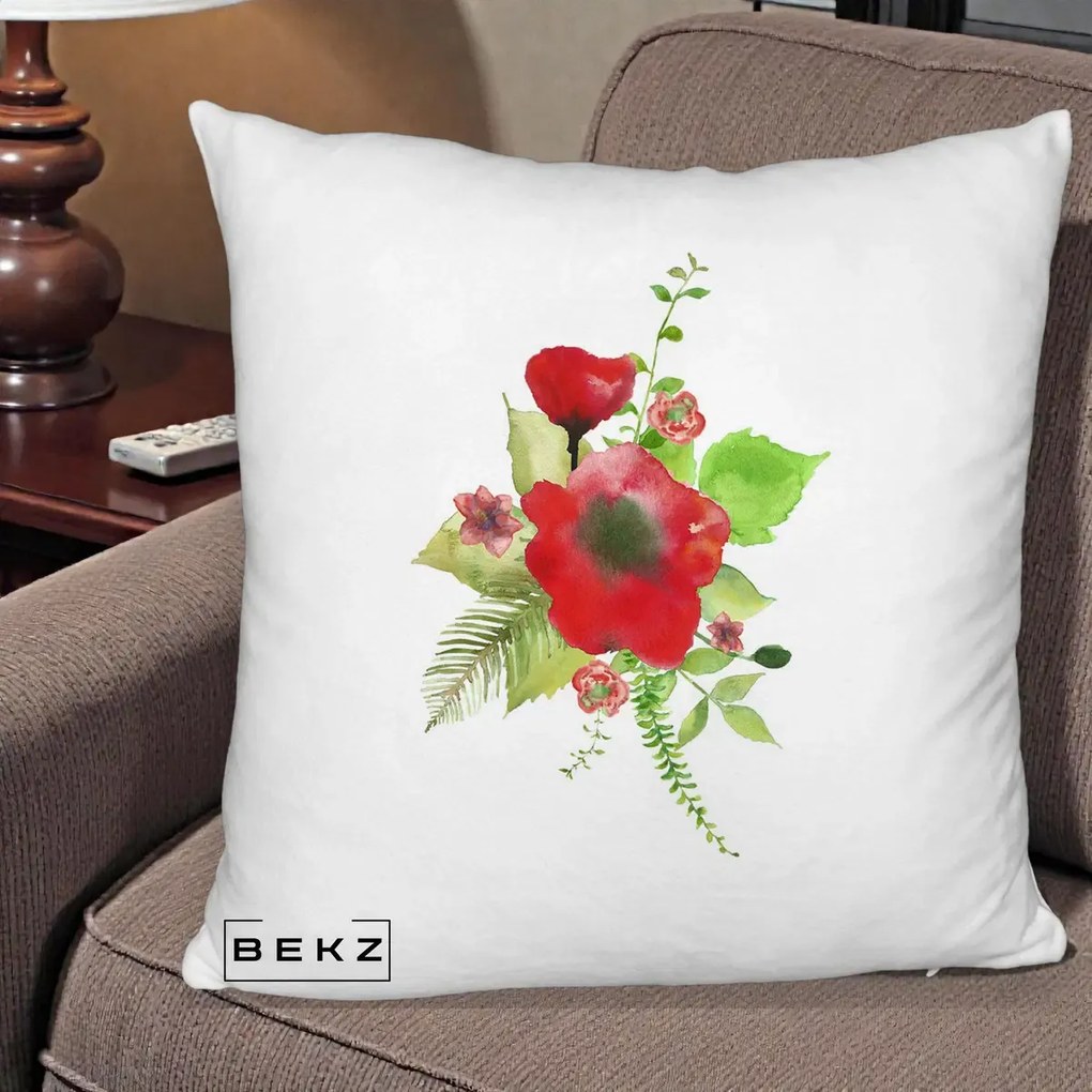 Perna Decorativa Buchet Rosu Acuarela, 40x40 cm, Alb Pufos, Husa Detasabila, Perna Inclusa, BEKZ®