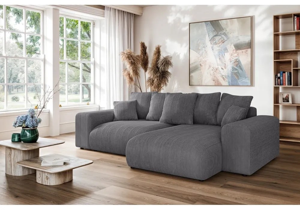 Colțar gri extensibil/cu spațiu de depozitare cu tapițerie din catifea reiată (cu colț variabil) Luma – Ropez