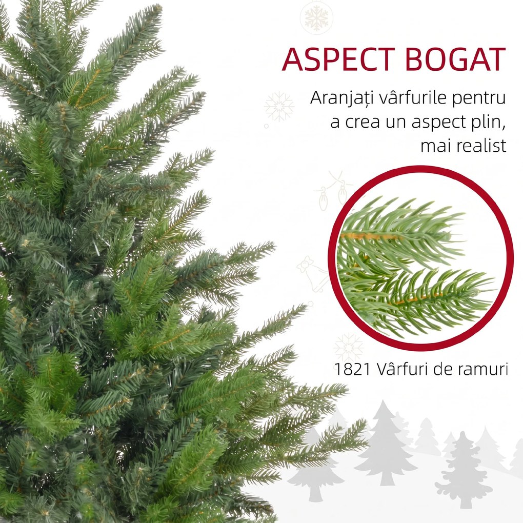 HOMCOM Brad de Crăciun Artificial cu 1821 Crengi, Brad de Crăciun Pliabil cu Bază Metalică, Ø117x180 cm, Verde | Aosom Romania