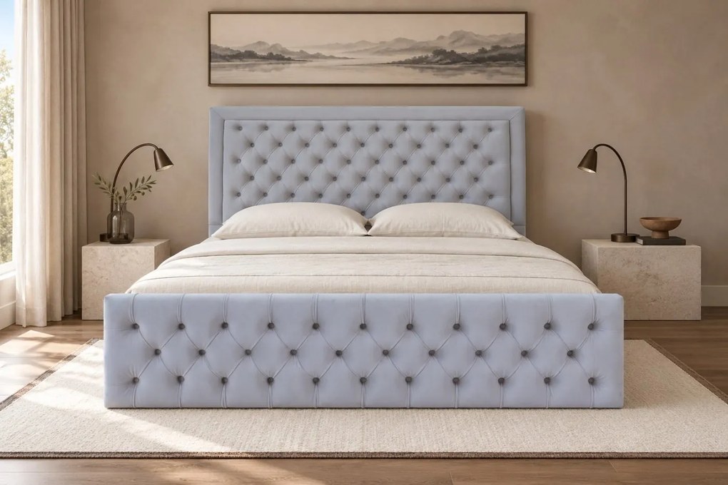 Pat tapițat Chesterfield din catifea Ophelia Deluxe 180×200 cm, gri deschis, cu ladă de depozitare