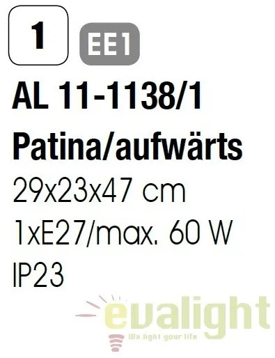 Aplica de perete exterior stil clasic IP23 Aiko AL 11-1138/1 Patina/aufwarts OR