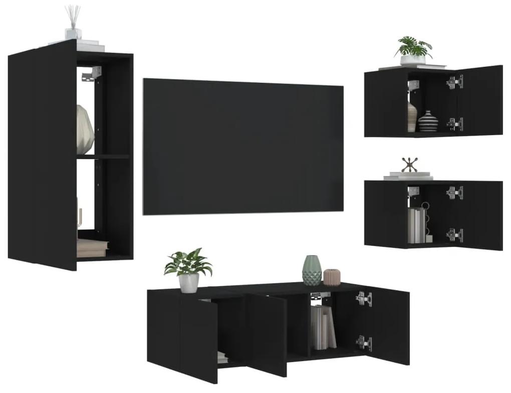 Unitati de perete TV cu LED-uri, 5 piese, negru, lemn prelucrat