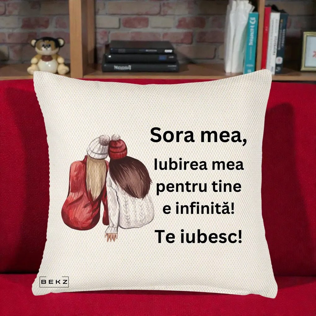 Cadou pentru Sora - Perna Personalizata Sora Mea Te Iubesc Doua Fete Iarna Acuarela, 40x40 cm, Crem Reliefat, Husa Detasabila, Perna Inclusa, BEKZ®