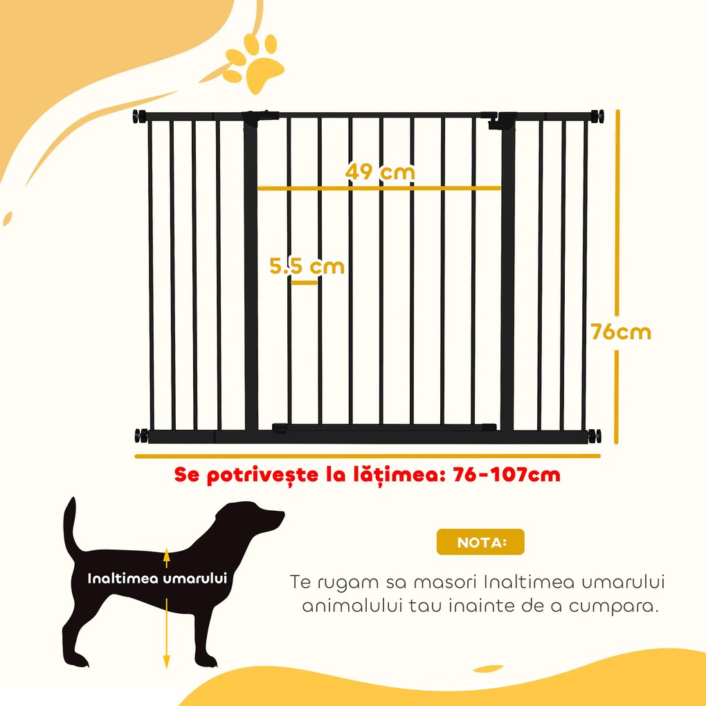 PawHut Poartă pentru Câine Extensibilă cu Deschidere Amplă, Poartă de Siguranță din Oțel și Plastic, 76-107x76 cm, Negru | Aosom Romania