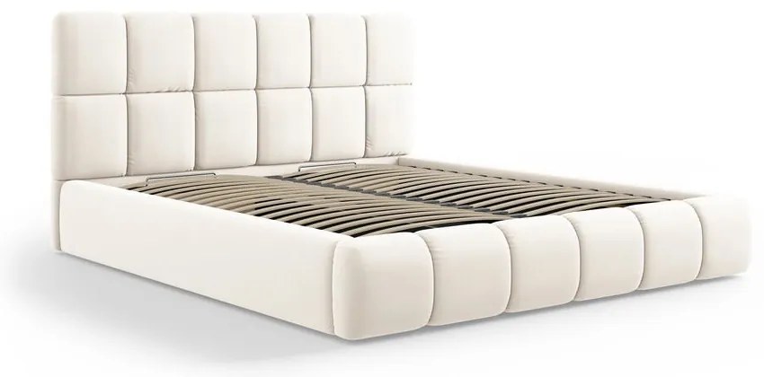 Pat matrimonial crem tapițat din catifea cu spațiu de depozitare cu somieră 200x200 cm Bellis – Micadoni