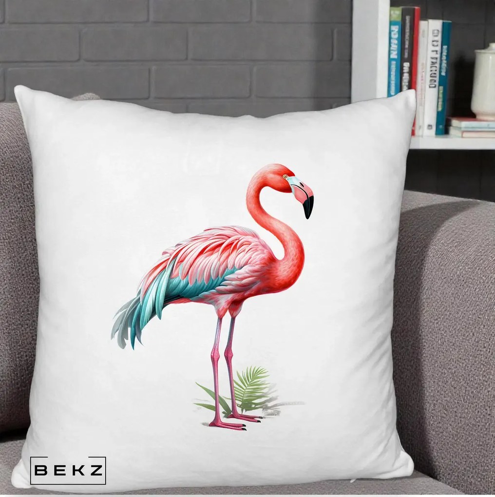Perna Decorativa Flamingo Roz cu Pene Teal, 40x40 cm, Alb Pufos, Husa Detasabila, Perna Inclusa, BEKZ®