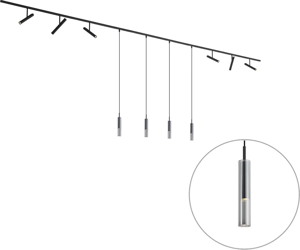 Sistem de iluminat pe șină modern negru cu 6 spoturi și 4 lumini suspendate negre monofazate - Slimline Avery Loyce