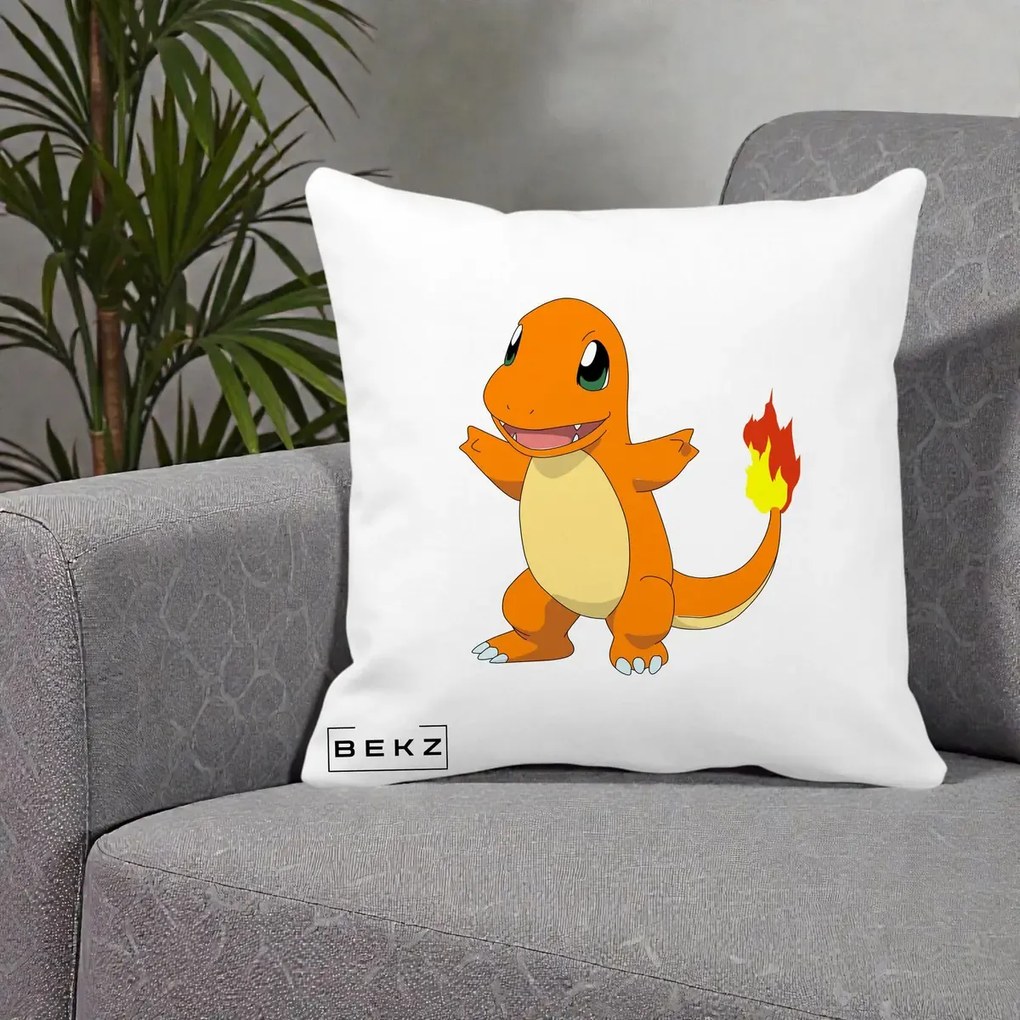 Perna Personalizata Charmander Pokemon, 40x40 cm, Alba Mata, Husa Detasabila, Perna Inclusa, BEKZ®